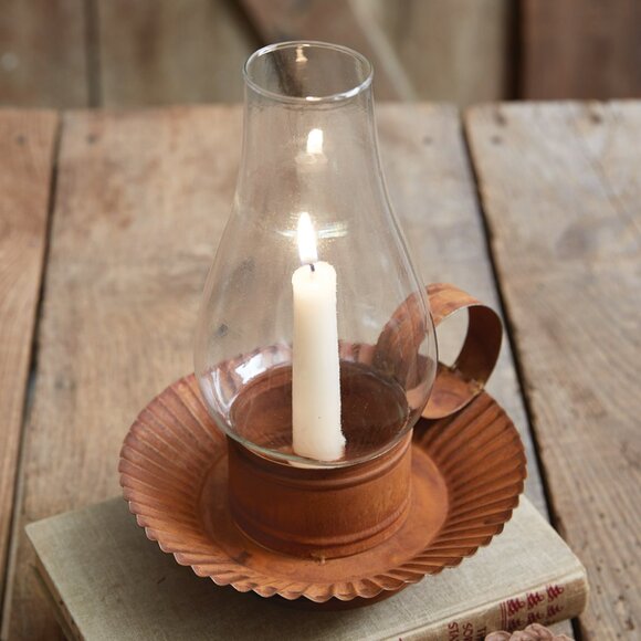 Rustic tin Chamberstick Candle Holder with Glass Hurricane - Picture 3 of 3
